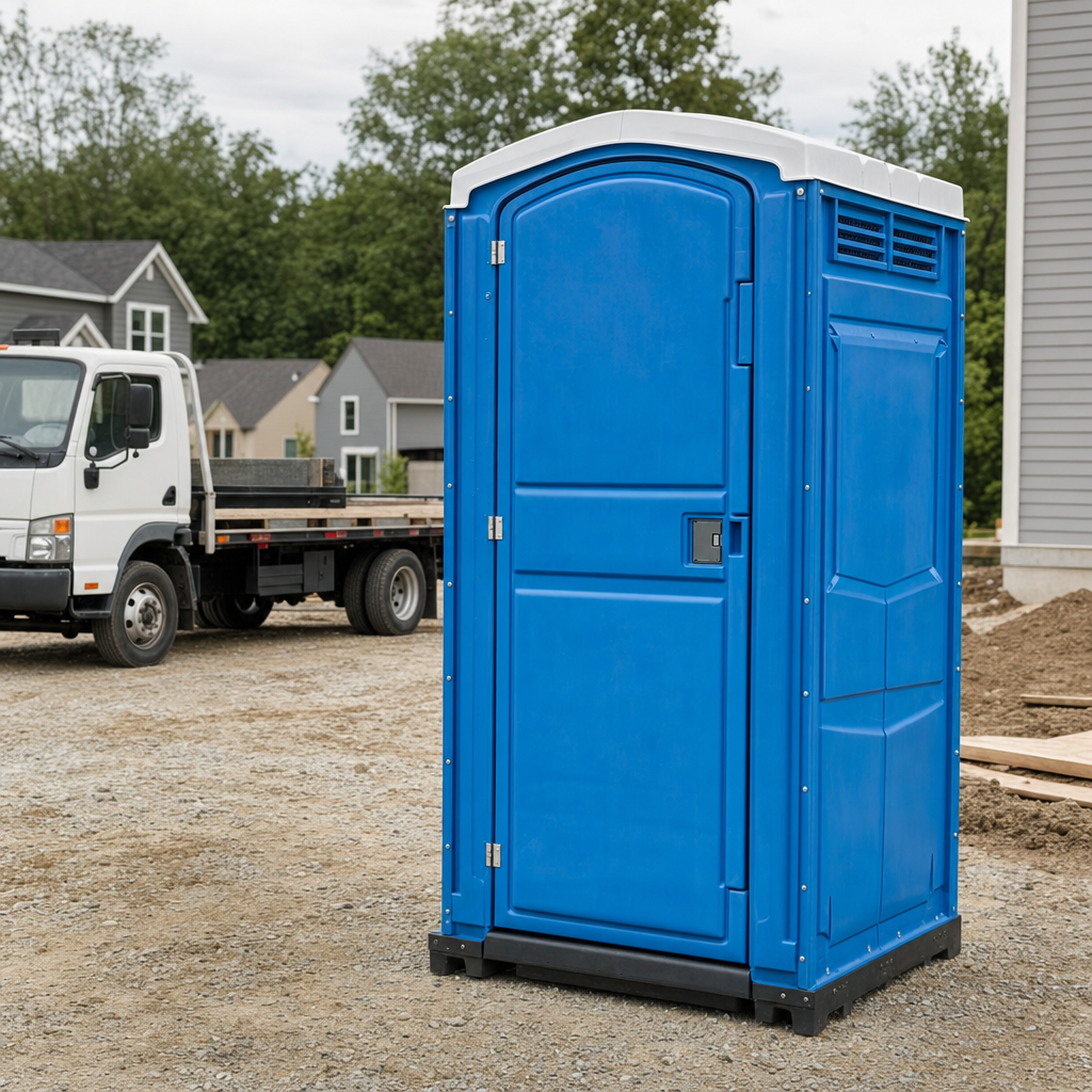 Delivery driver positioning a clean royal-blue portable toilet on level ground at a Cleveland worksite