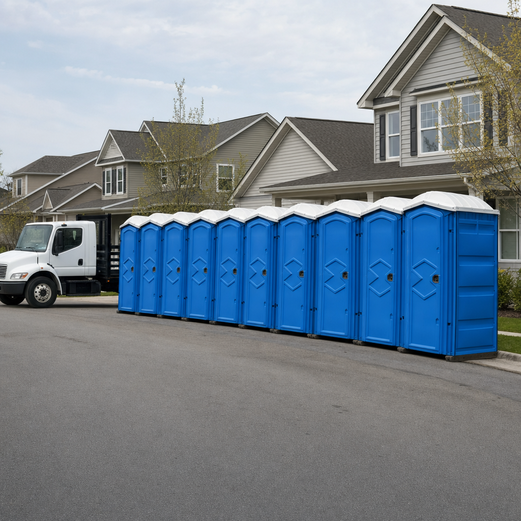 Royal blue portable toilets staged in a tidy row at a Cleveland jobsite, ready for delivery